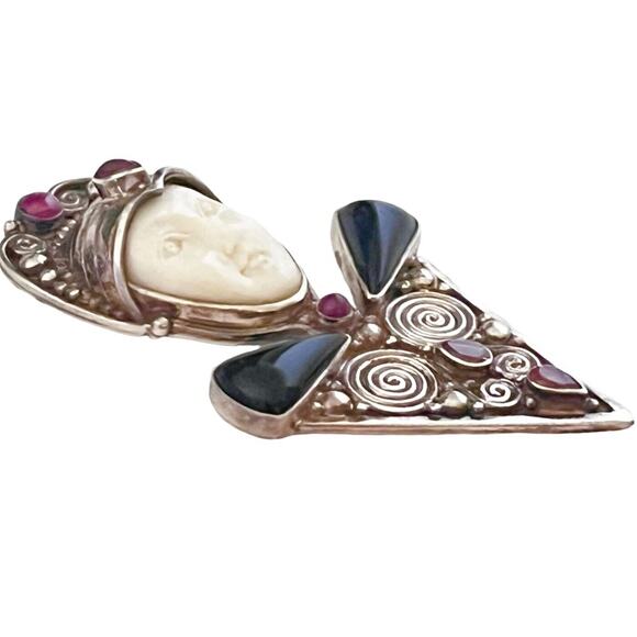 925 Silver Sajen Goddess Face BROOCH PIN PENDANT Onyx Ruby Rhodolite Garnet Gems - Picture 5 of 7